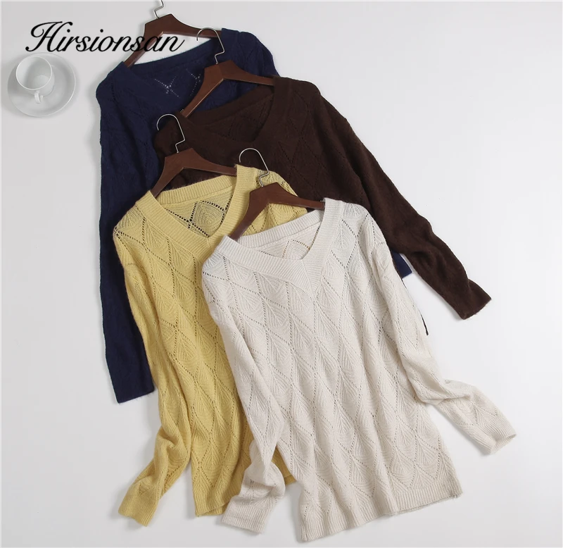 

Hirsionsan Thin Cutout Knitted Tops Women 2023 New Autumn Soft Cashmere Sweater V Neck Sexy Oversized Pullovers Fashion Jumper