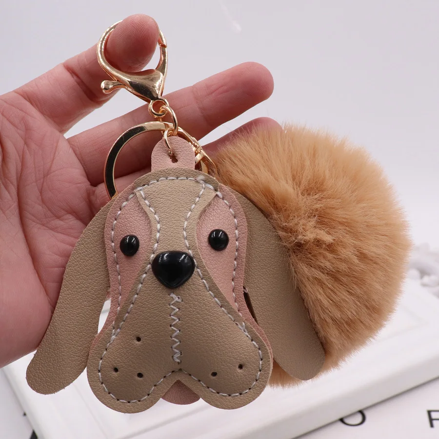 New fashion sweet Hot cute leather animal dog Fake Rabbit Fur Ball Key Chain Pompom Key Chain Key Rings  Girl Women Bag  Jewelry