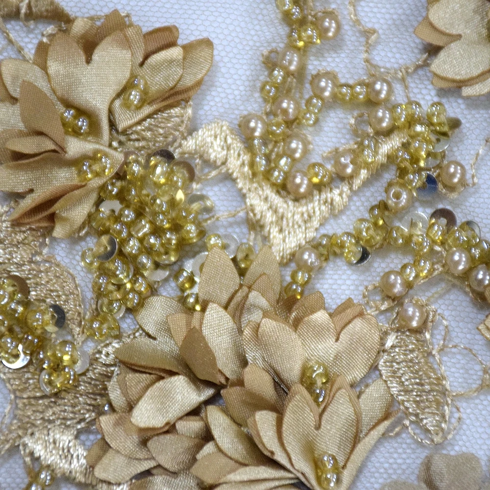 Luxury Gold Handmade Beaded Tulle 3D Flower Mesh Lace With Pearls And Sequins Fabric  HY0887