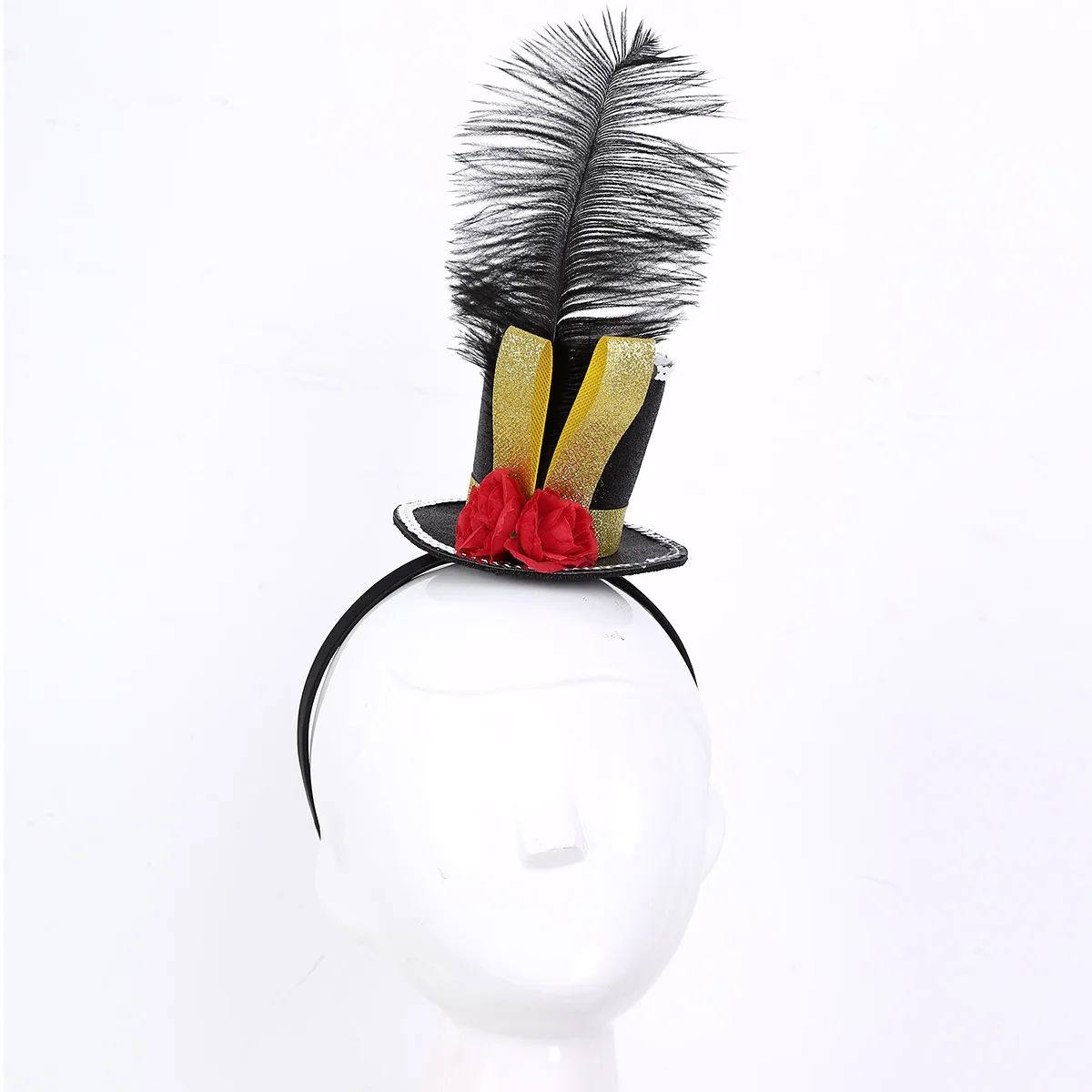 Kid Girls Circus Ringmaster Feather Hat Headwear Halloween Steampunk Mini Top Hat Fascinator Headband with Feather Rose Top Hat