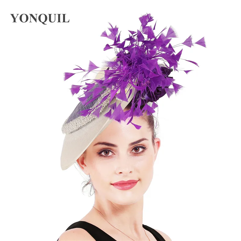 Women Millinery Ivory Fascinator Hats With Purple Feather And Flower Headdress Gorgeous Big Kenducky Derby Chapeau Caps Ladies