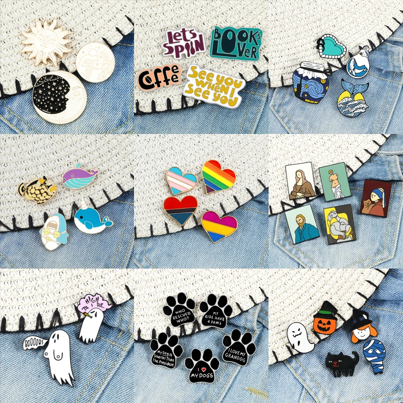 2 ~ 5 pz/set Cartoon smalto Pin Cat Dog Paw Colorful Rainbow Heart Sea Wave Ghost spilla spille artista Badge gioielli di Halloween