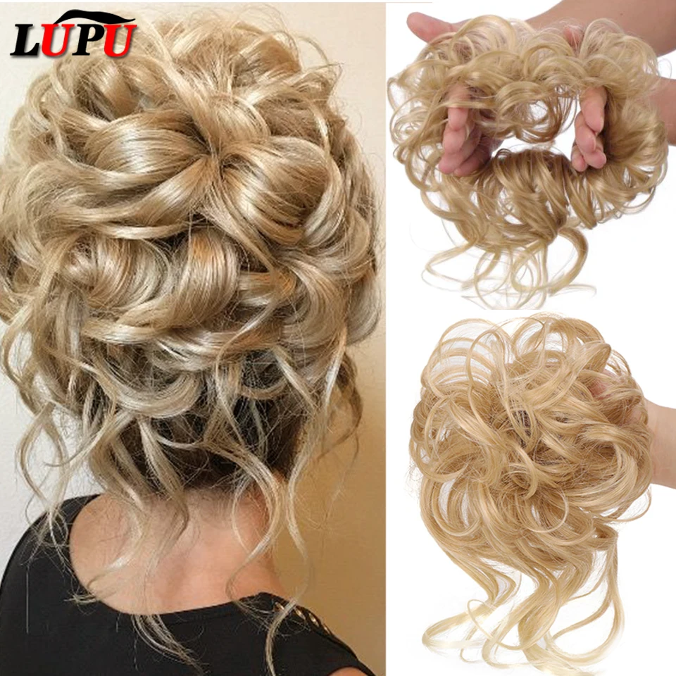 LUPU-moño de pelo sintético para mujer, bandas rubias negras, moño rizado desordenado, Donut, Scrunchies Updo, extensiones de cabello falso