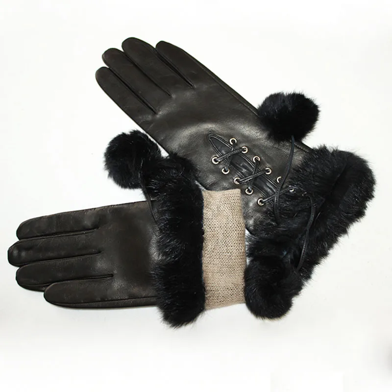 Leather Goatskin Gloves Women's Black Rabbit Fur Cuffs Mid-length Style Thin Wool Lining Hand Repair Keep Warm in Autumn