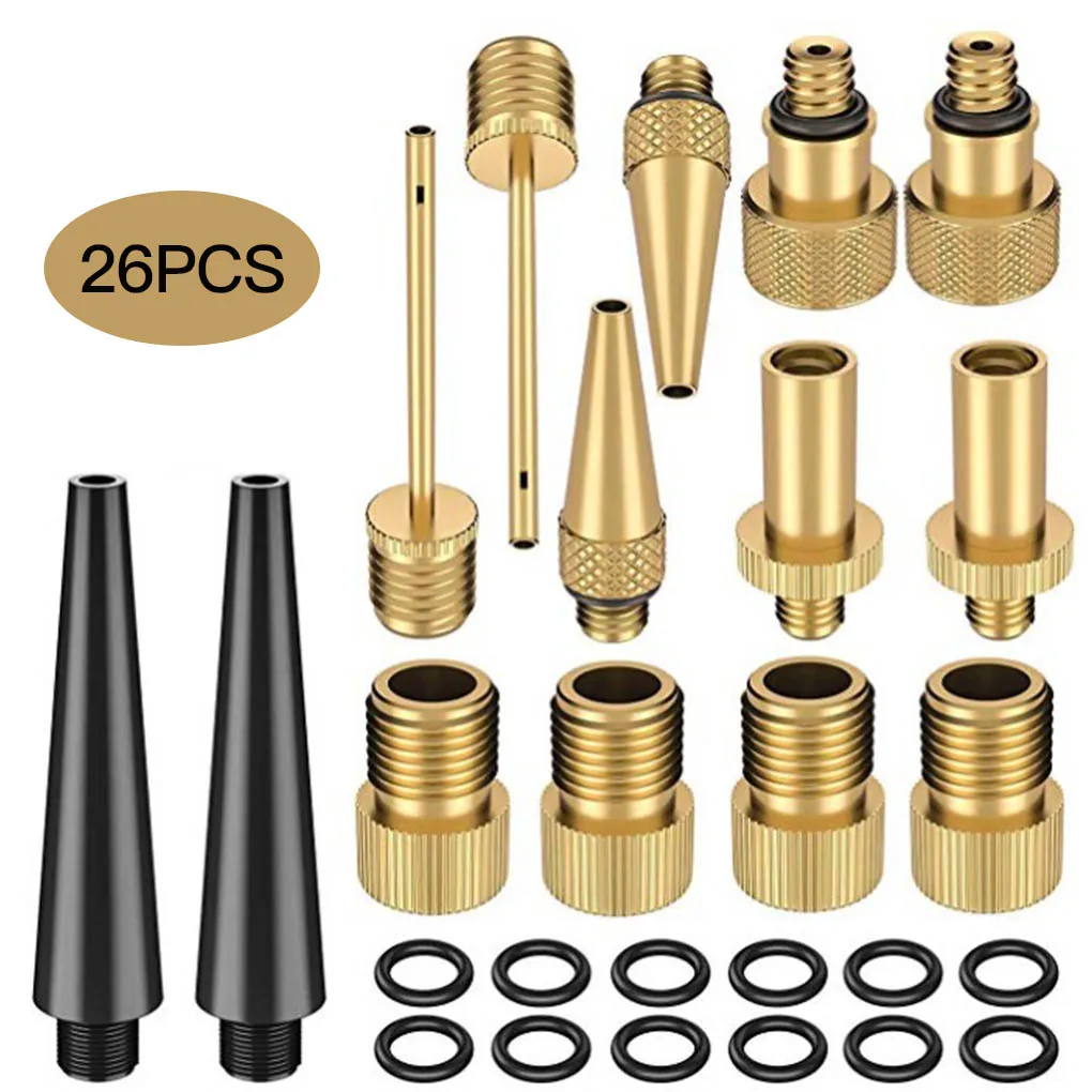 Valve Adapter Set 26pcs Bicycle Car Valve Adapter Kit Set for Air Compressor Bike Floor Pump Bicycle Accessories Gold