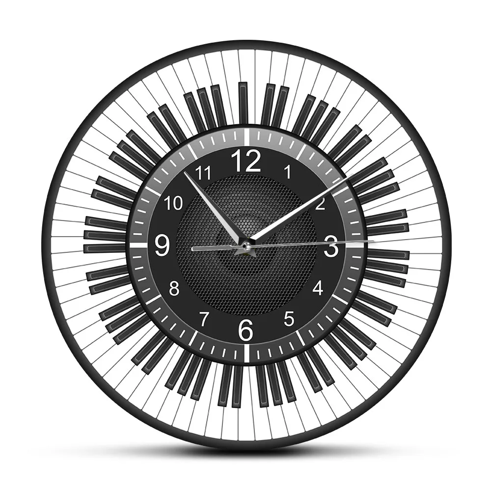 

Circle Piano Keys with Speaker Wall Clock Silent Wall Watch Music Instruments Artwork Ideal for Music Studio Decor Pianist Gift