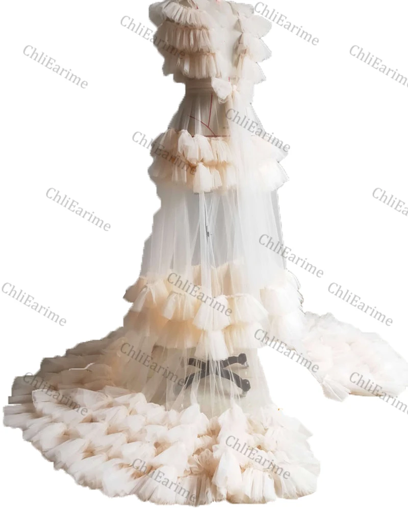 Ladies ruffled fairy chiffon tulle light luxury dress robe dress