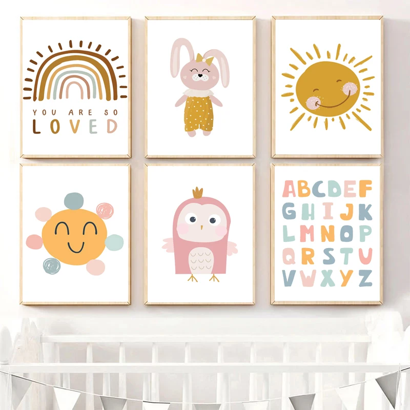 Colorful Alphabet Rainbow Sun Rabbit  Wall Art Canvas Painting Nordic Posters And Prints Wall Pictures For Baby Kids Room Decor