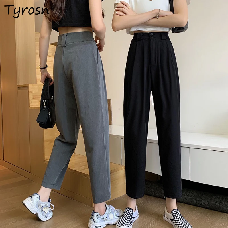 Casual Pants Women Button Pleated Straight Pant Summer Baggy Solid High Waist All-match Trousers Office Lady Japanese Style Chic