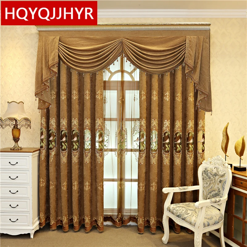 HQYQJJHYR Modern Pastoral High Quality Custom Bird Embroidery Brown Living Room Bedroom Kitchen Curtains For Villa Apartment