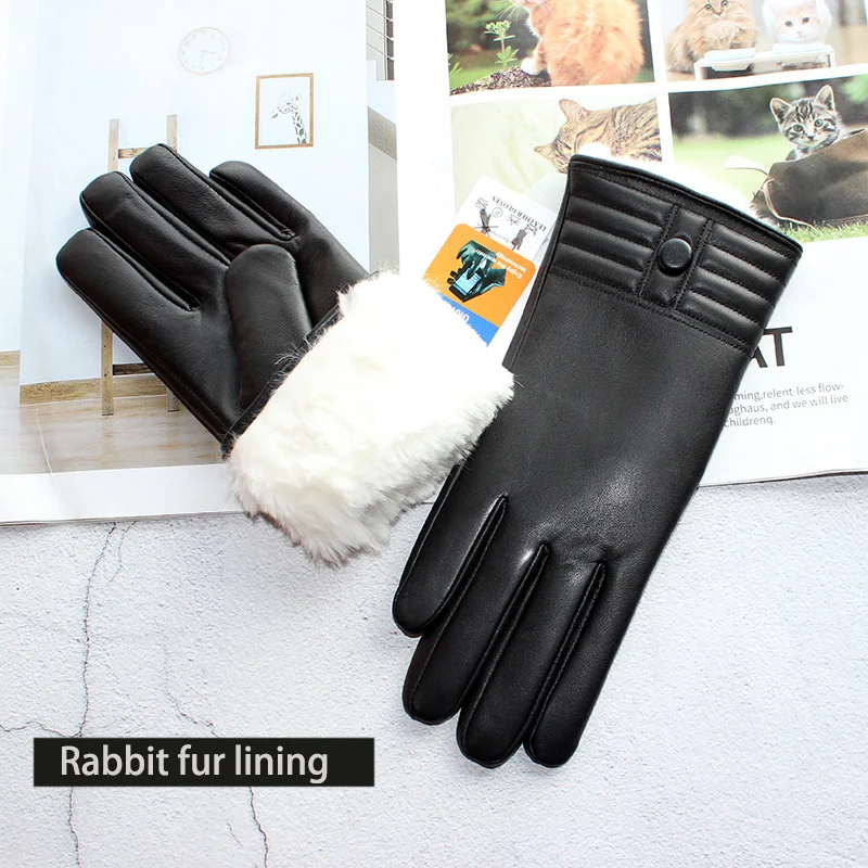 Winter Thickened Warmth Touch Screen Sheepskin Gloves Female Leather White Rabbit Fur Lining Outdoor Windproof Increase Finger