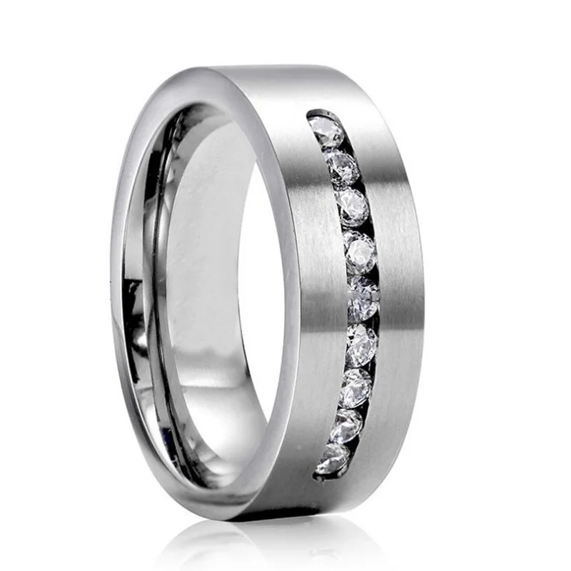 8mm Men Titanium Steel Wedding Ring With Nine Large Channel Sets of Cubic Zirconia CZ Stone for Men Wedding Anniversary Jewelry