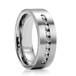8mm Men Titanium Steel Wedding Ring With Nine Large Channel Sets of Cubic Zirconia CZ Stone for Men Wedding Anniversary Jewelry