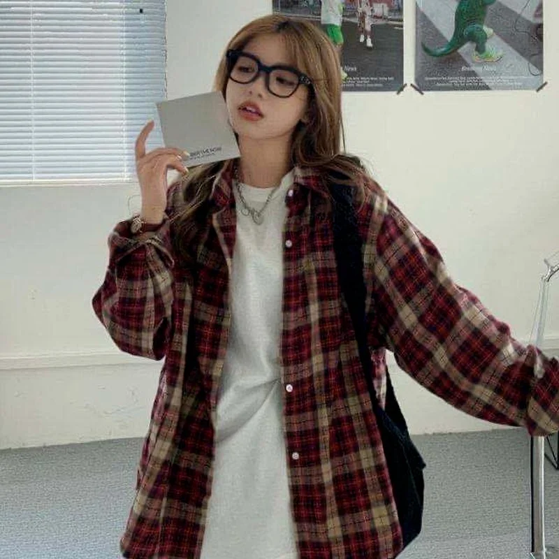 Shirts Women Students Plaid All-match Vintage Korean Version Spring Female Tops Leisure Daily Mujer Cozy Popular Minimalist Ins