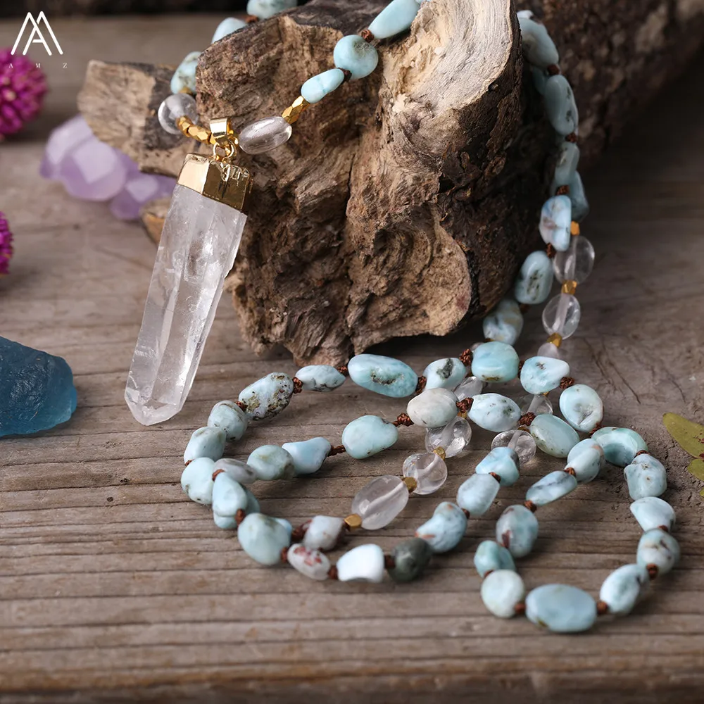 Natürliche Blau Apatit Nugget Chip Perlen Handmade Knot Halskette Frauen Weiß Quarz Punkt Perlen Yoga Halskette Lange 32 Zoll – Detail 10