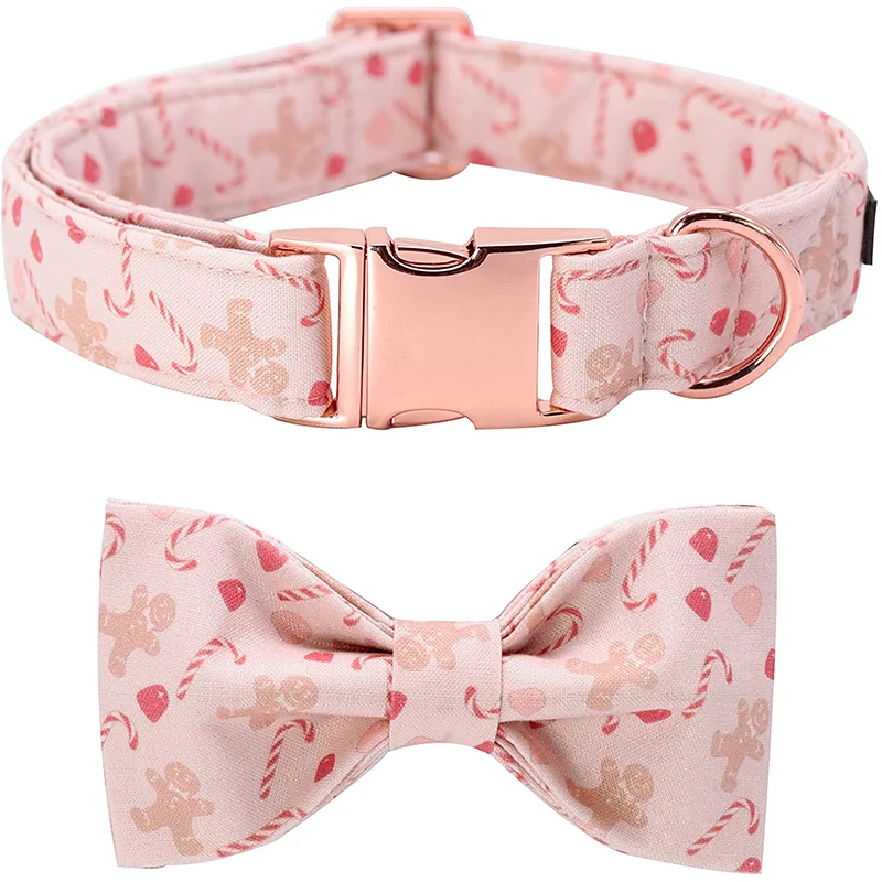 Unique Style Paws Christmas Cotton Dog Collar with Sailor Bow tie Pink Gingerbread Man Puppy Collar for Small Medium Large Dog