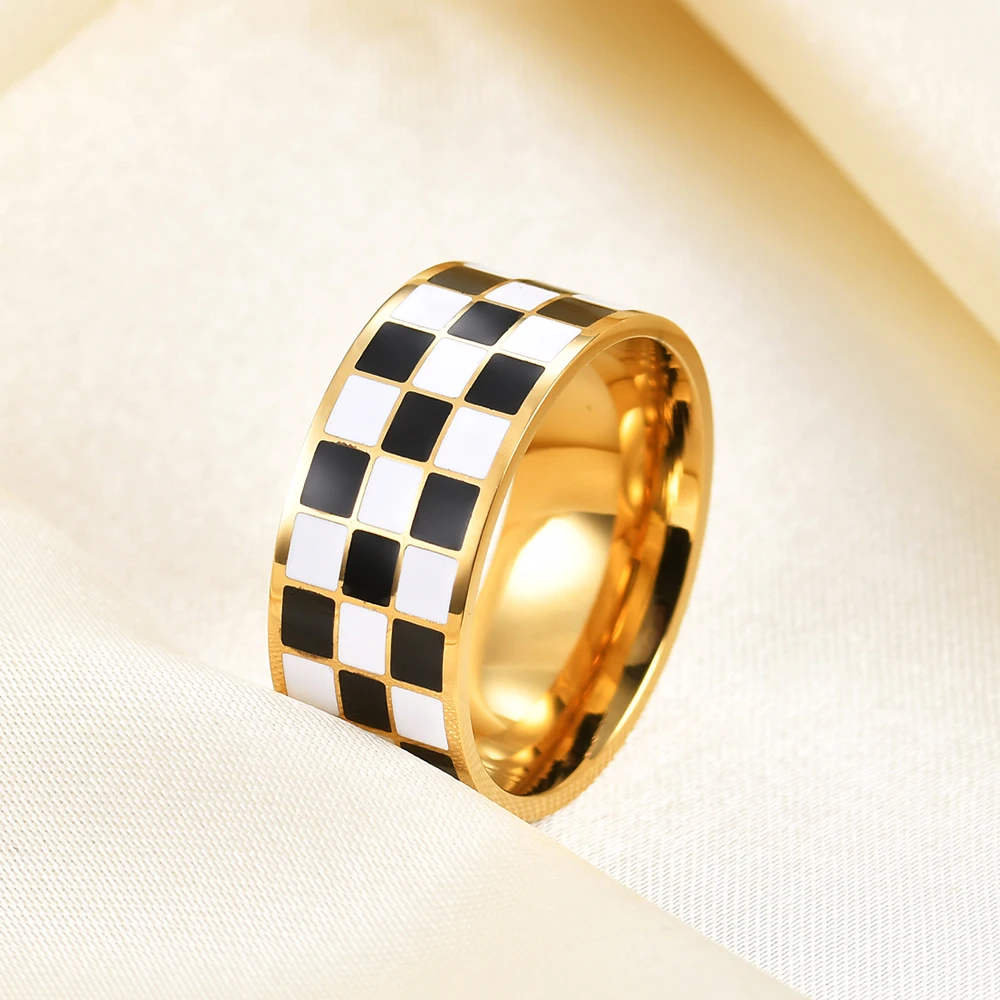 Classic Enamel Black White Checkerboard Grid Y2K  Jewelry Chunky Rings For Women Stainless Steel Gemetric Dome Rings Accessories