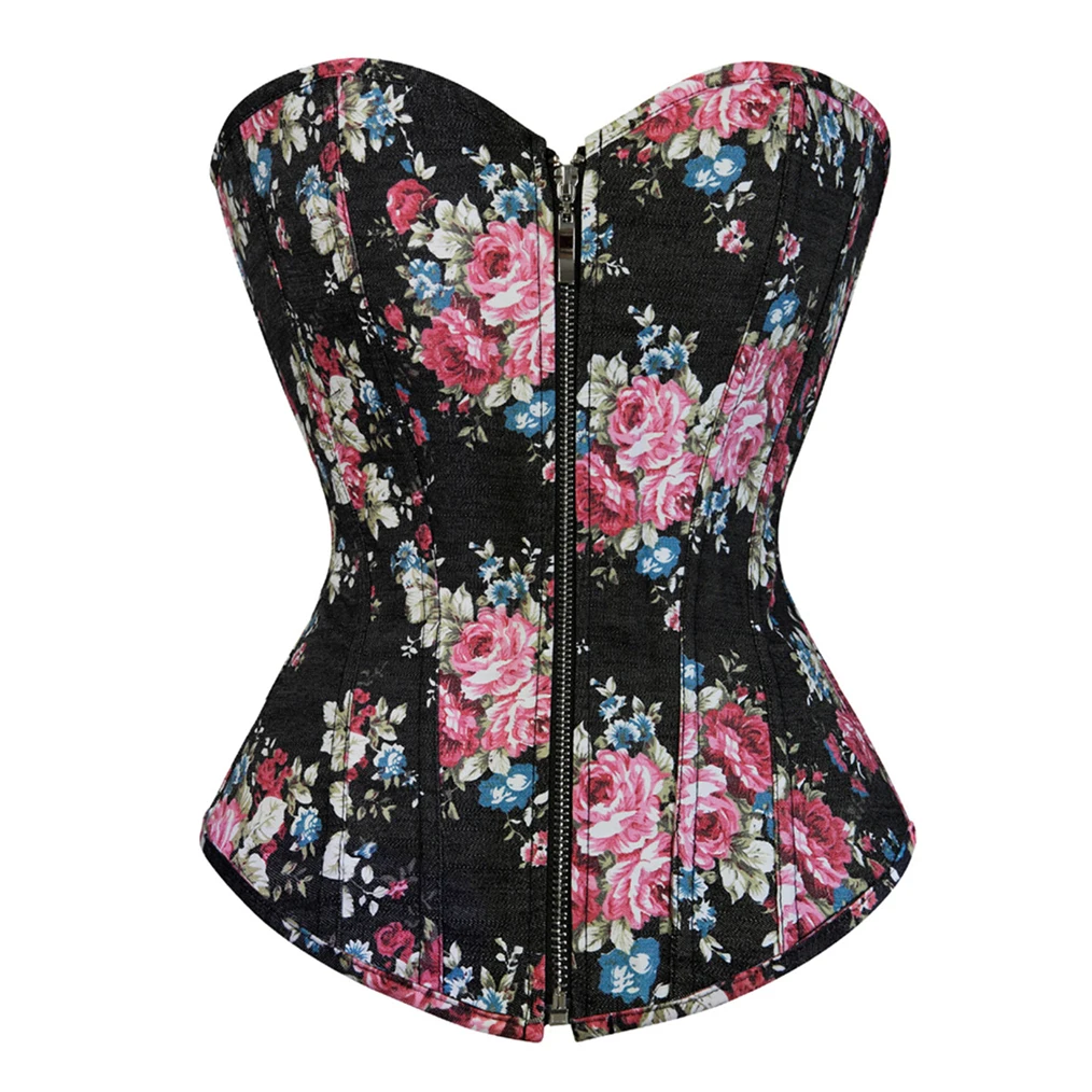 

Zipper Sexy Corsets Bustiers Floral Gothic Satin Lingerie Corselet Overbust Plus Size Tops For Women Flower Print Vintage Corset