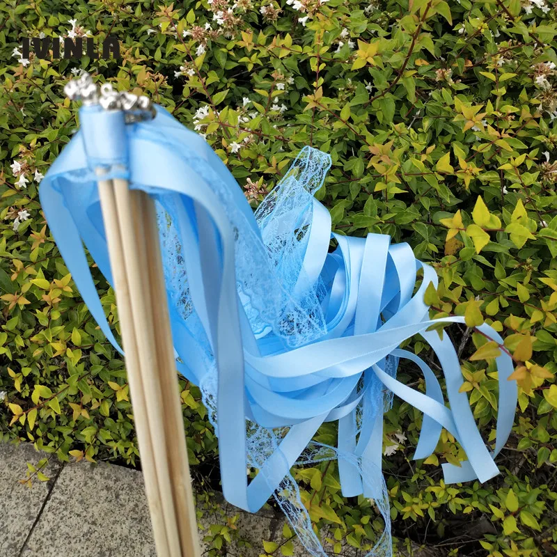 

50Pcs/Lot light blue Lace ribbon Wands with sliver Bell For Wedding Decoration