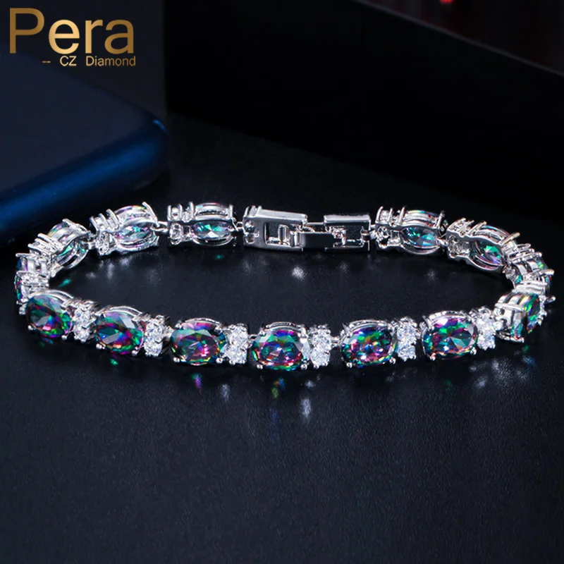 

Pera Trendy MultiColored Jewelry Big Oval Mystic Rainbow CZ Crystal Link Chain Bangle Bracelet for Women Party Jewelry Gift B101