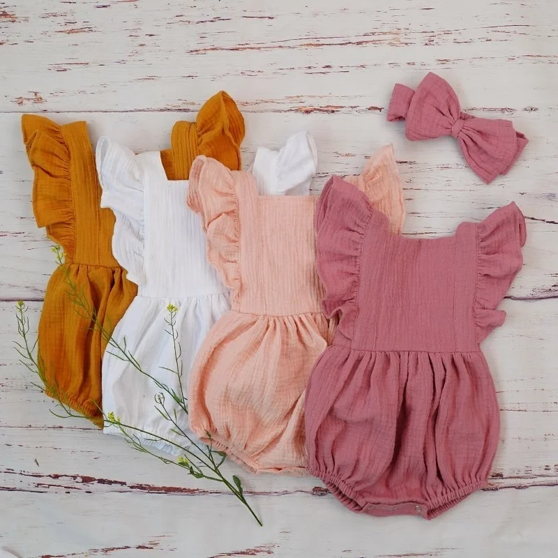 Organic Cotton Baby Girl Clothes Summer New Double Gauze Kids Ruffle Romper Jumpsuit Headband Dusty Pink Playsuit For Newborn 3M