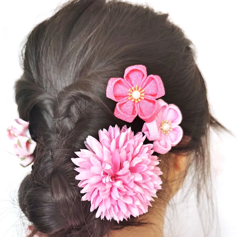 Pinzas para el pelo Kanzashi para adultos, accesorio para el pelo Artificial, Dalia, flor de ciruela, Kimono de Geisha japonesa, traje Yukata, ceremonia de graduación, HW082, 1 Juego de 4 Uds.