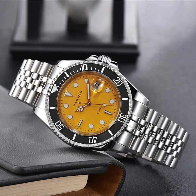 Imagem -02 - Parnis-relógio Automático Mecânico Dial Amarelo Masculino Moldura de Cerâmica Preta Miyota 8215 Movimento Calendário Relógios 40 mm Presente 2023