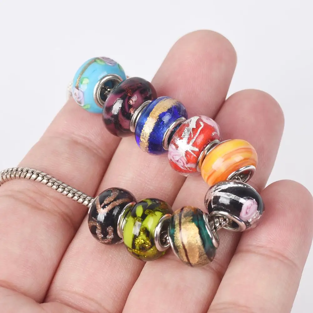 Breloques rondes européennes en verre de Murano faites à la main, perles à gros trous pour bijoux, bracelet de direction, bricolage, 44 # ~ 110 #,