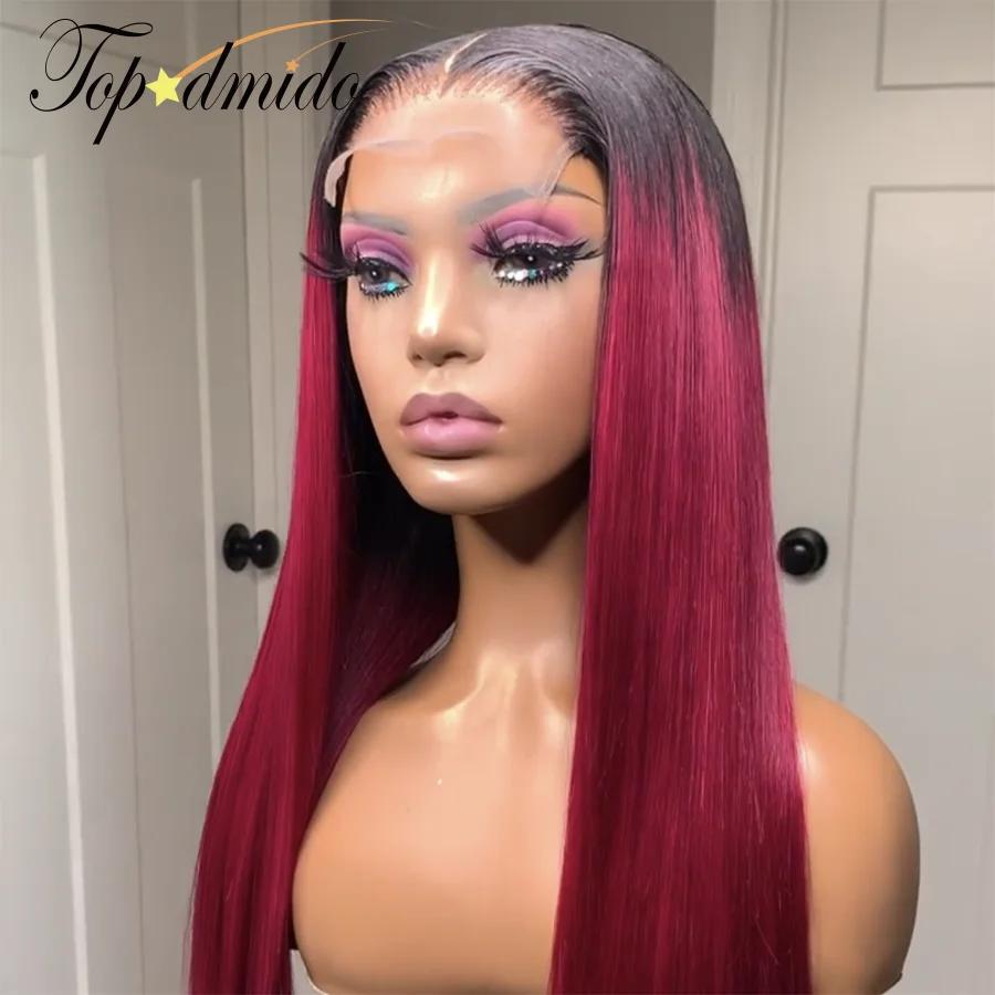 Topodmido Ombre Pink Red Color 13x4 Lace Front Wigs with Baby Hair Peruvian Remy Hair Human Hair Wig Pre Plucked 4x4 Closure Wig