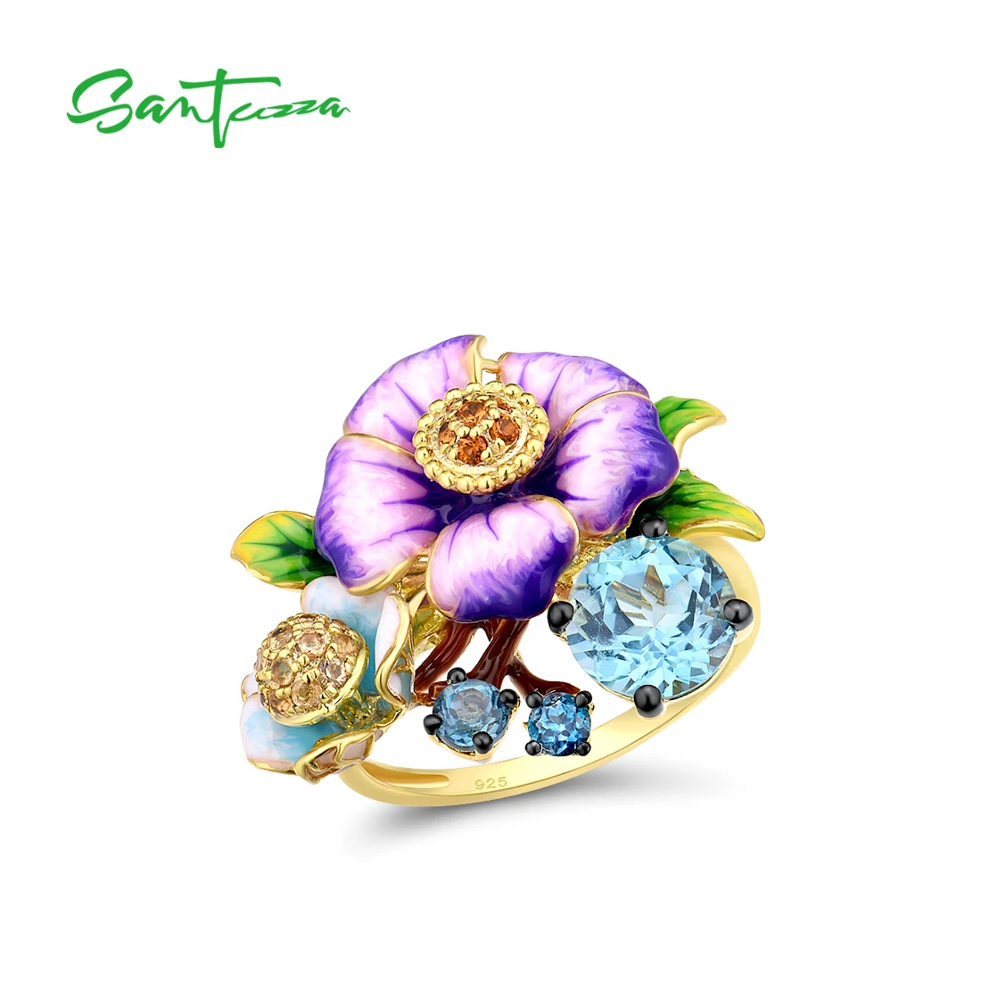 

SANTUZZA Pure 925 Sterling Silver Ring For Women Exquisite Blooming Purple Flower Blue Spinel Party Fine Jewelry Handmade Enamel