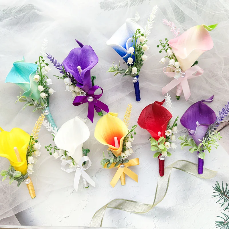 Boutonniere for Groom Corsage Wedding Calla lily Artificial Men Brooch Flowers Suits Decoration Pins Prom Marriage Accessories