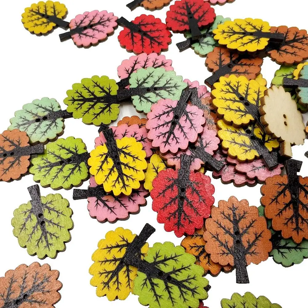 50pcs Leaves 2Hole Wooden Buttons Christmas for Child Sewing Scrapbook Clothing Decor Handwork Accessories Card DIY 32mm*25mm