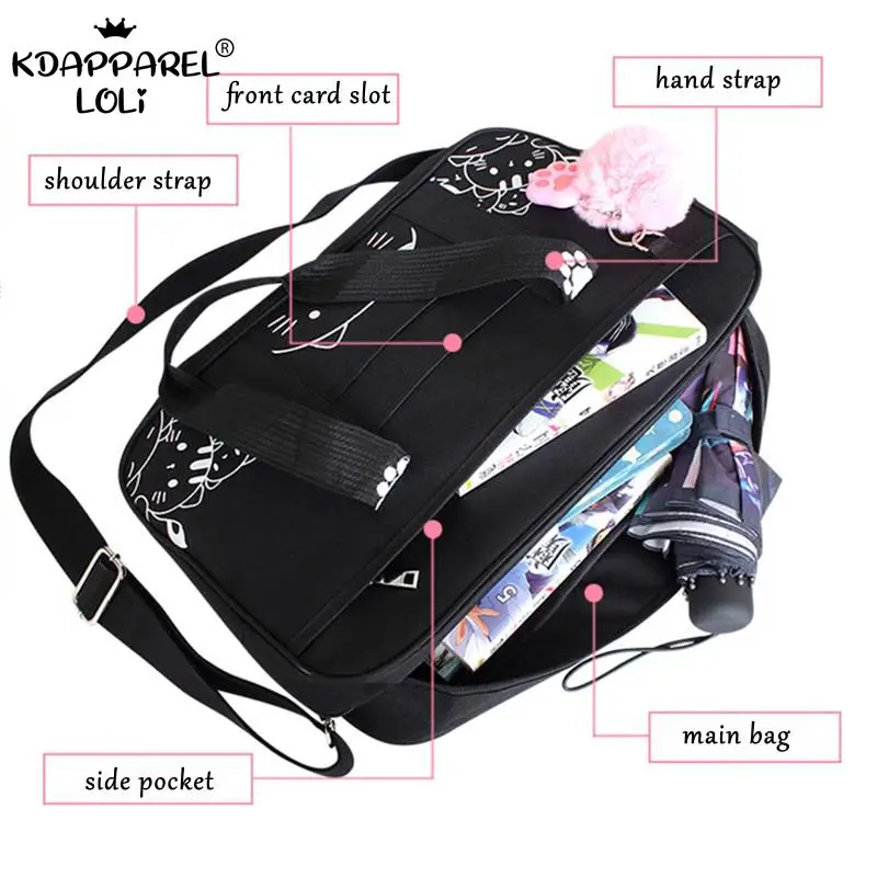 Japońscy studenci dziewczęta szkolne torby nadruk z kotami Oxford tkaniny na ramię solidna teczka Preppy JK kobiety nastolatki chłopcy Crossbody