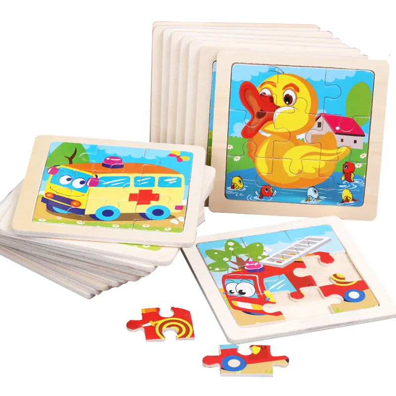 11*11Cm 3D Houten Puzzel Baby Speelgoed Cartoon Dier Verkeer Tangram Puzzel Vroeg Leren Educatief Speelgoed Voor kinderen