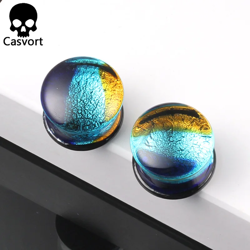 Casvort 2PCS Multi Color Glass Ear Tunnels Piercing Stud Expanders Earrings Spiral Ear Plugs Strechers Fashion Body Jewelry