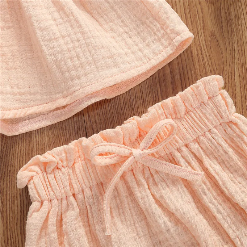 6 Colors Summr Toddler Newborn Baby Girls Cotton Linen Clothes Ruffles Short Sleeve T Shirts+Shorts 2pcs Infant Clothing Outfits