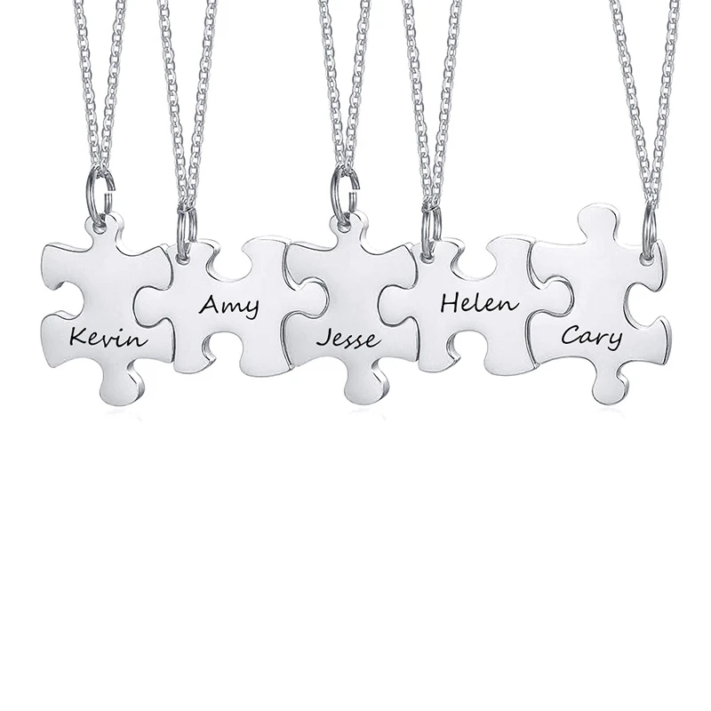 Vnox 2/3/4/5 Pcs BFF Couple Necklaces Set for Women Men Personalize Names Stainless Steel Puzzle Pendant Custom Friendship Gifts