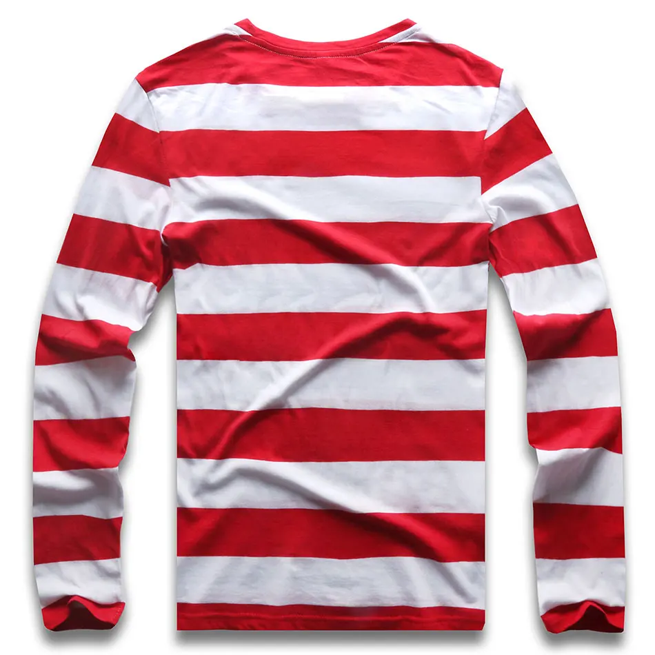 Red White Striped Long Sleeve T Shirts Tees for Men Round Neck Colorful Black White Stripes Men Casual