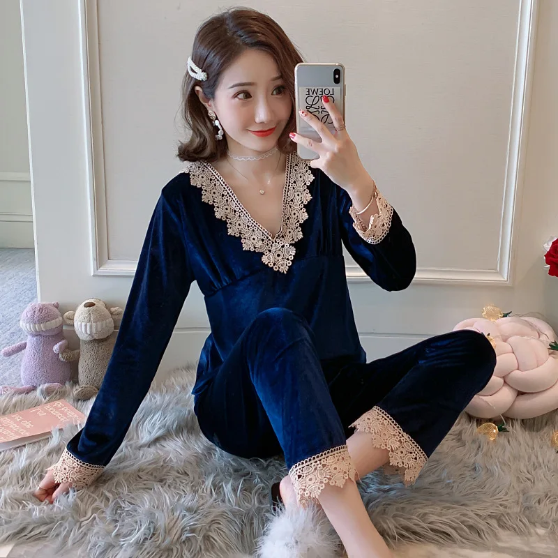 

Sexy Velour Lady Pajamas Suit Autumn New 2PCS Nightwear Sets Intimate Lingerie Velvet Women Casual Sleepwear Home Clothing