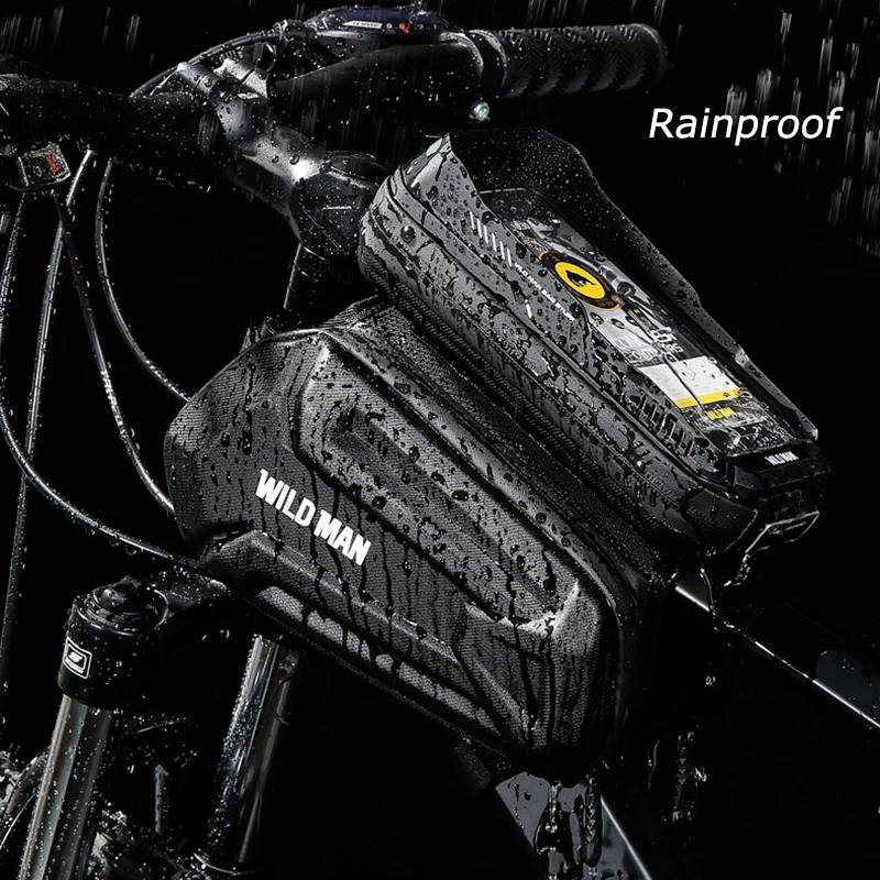 WILD MAN Rainproof Bicycle Frame Bag Front Hard Shell Bike Top Tube Bag Touch Screen Cycling Phone Bag 6.7 Inch Bike Accessories