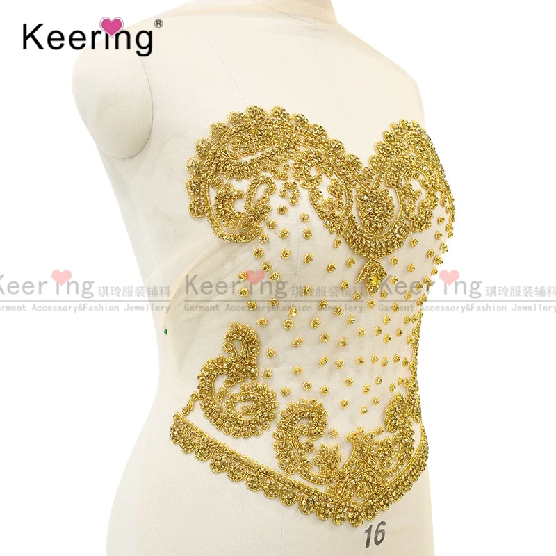 Keering-3D Gold Rhinestone Beads for Party Dress, Crystal Applique, Sexy, WDP-268