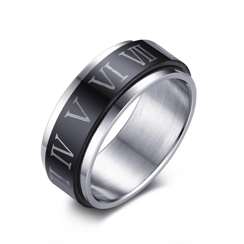 Black Color Stainless Steel Statement Ring Cool Rotatable Punk Roman Number Rings for Men Women Fashion Jewelry