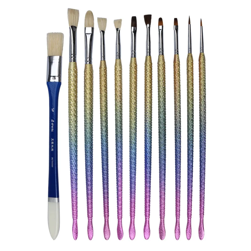 11pc Multifunctional Mermaid gradient color High quality plastic rod paint brush set student art oil painting gouache Watercolor