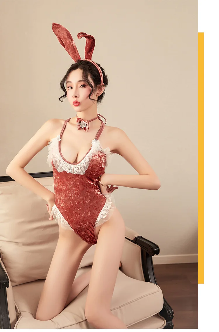 2023 cute anime rabbit girl cosplay halloween costume women rose pink kawaii velvet jumpsuit sexy cosplay lingerie set couple