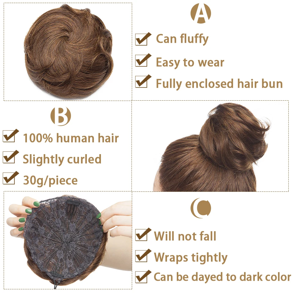 S-noilite 30g Hair Bun Curly Or Straight Chignon 100% Human Hair Donut Hairpiece Brown Blonde Headwear Wrap On Elastic Scrunchie