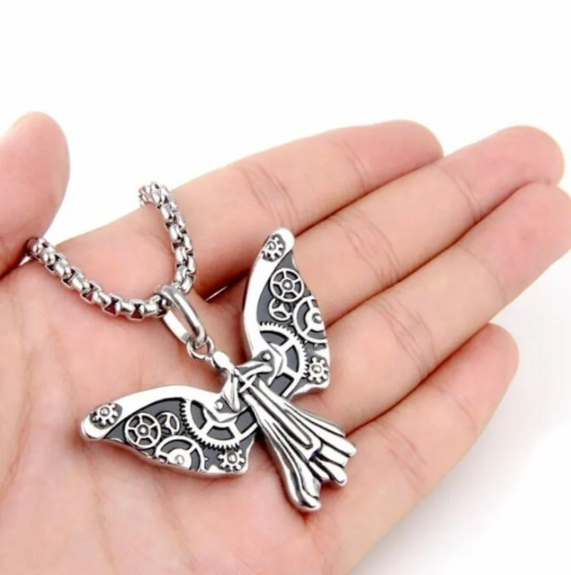 Fashion Personality Punk Angel Gear Pattern Wing Pendant Necklace for Men Trend Rock Hip Hop Jewelry