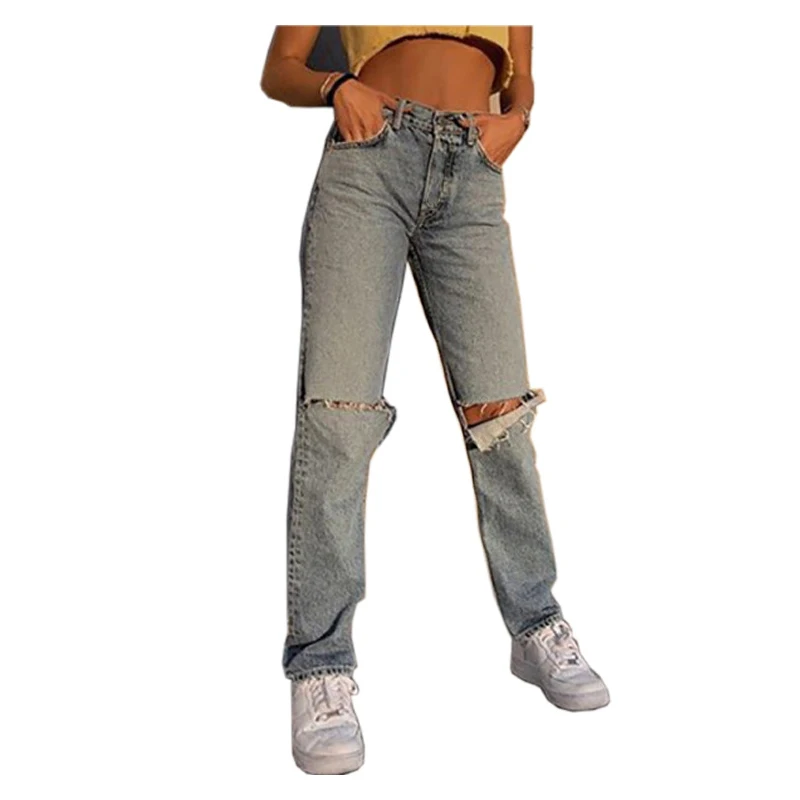 Women Spring New Fall High Waist Jeans Light Blue Fit Denim Pants Lady Autumn Casual Washed Female Full Length Trousers Clothing