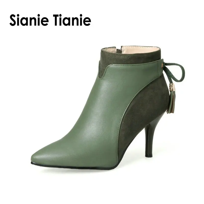 Sianie Tianie 2024 winter autumn thin high heels shoes woman elegant ladies pumps green ankle boots women boots with bowtie knot