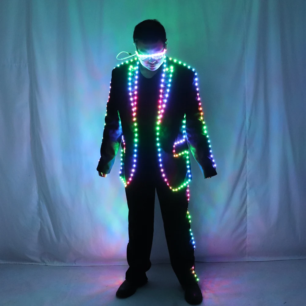 Full Color Pixel LED Lights Jacket Coat Stage Dance Costume RGB Light Up Stage Tron Suit for Men Women Nightclub Party Outfits