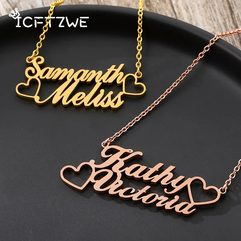 Personalized Name Heart Necklace For Women Stainless Steel Chain Custom Double Necklaces With Heart  Jewelry Girls Gift